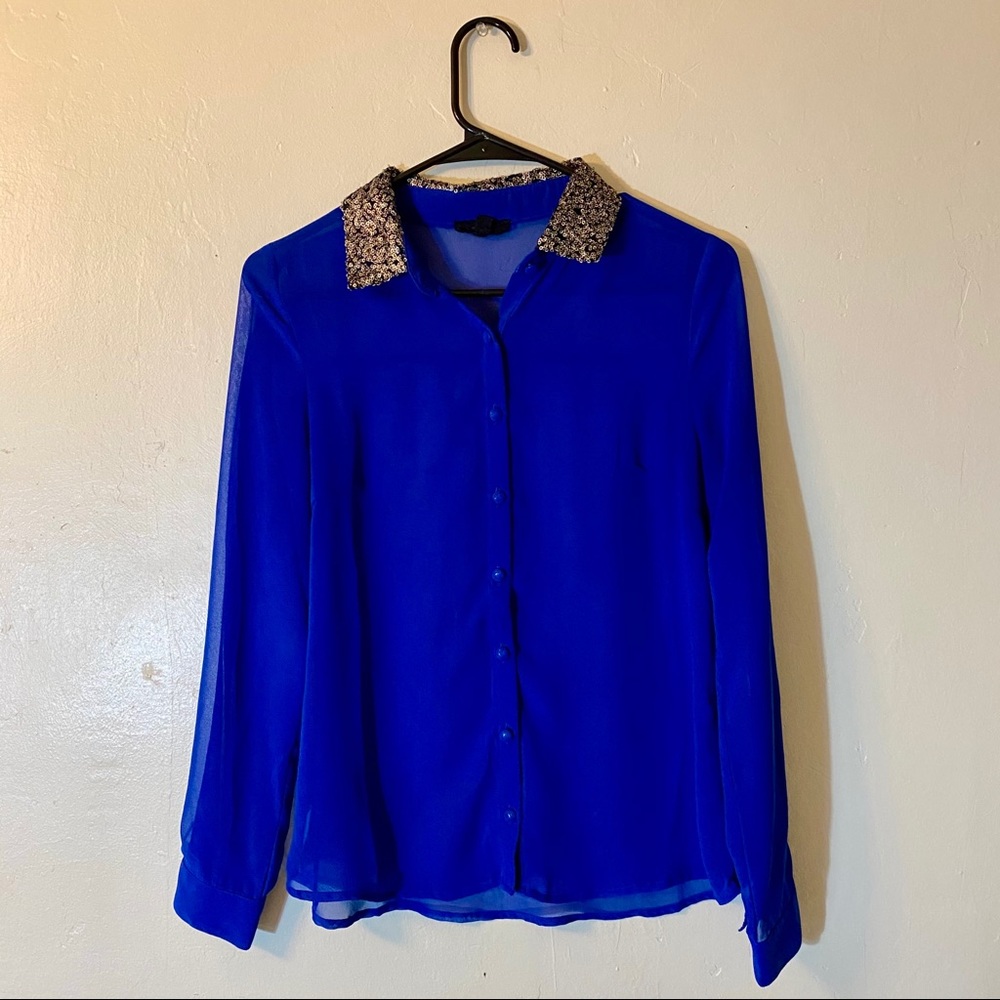 Royal blue blouse with sequined collar